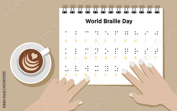 Fototapeta World Braille Day, hands reading braille alphabet with coffee on the desk