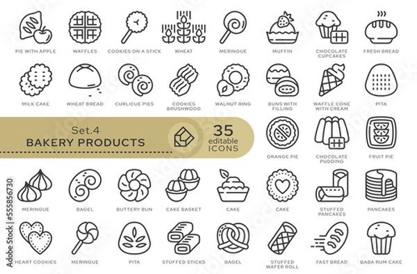Fototapeta Set of conceptual icons. Vector icons in flat linear style for web sites, applications and other graphic resources. Set from the series - Bakery Products. Editable outline icon.	
