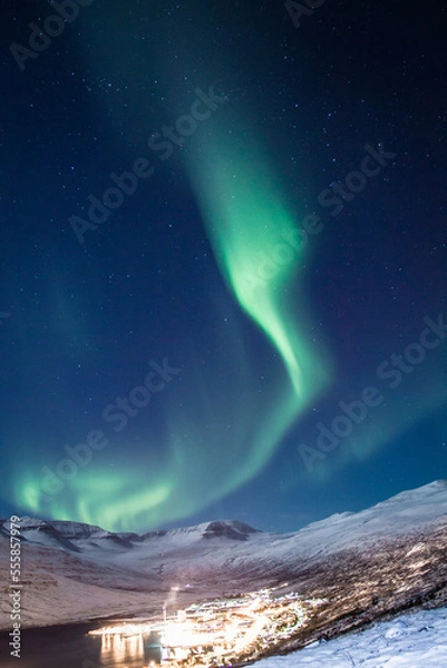 Obraz Aurora borealis over night village landscape photo. Beautiful nature scenery photography with sky on background. Idyllic scene. High quality picture for wallpaper, travel blog, magazine, article