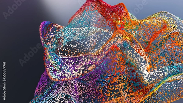 Obraz 3d render of abstract art 3d background with surreal motion moving festive wavy party balls sphere particles liquid substance in blue purple yellow gradient color