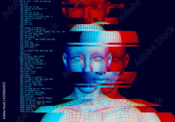 Fototapeta Polygonal portrait  of a man with glitch effect. Cyberpunk style. Conceptual image of artificial intelligence.Virtual reality. Deep Learning and Face recognition systems.