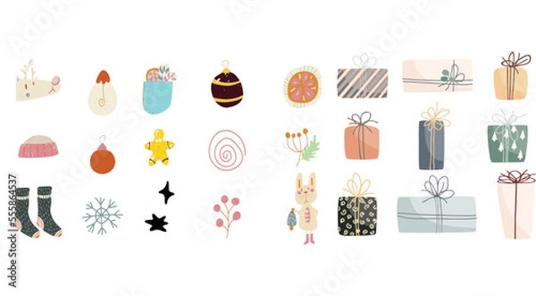 Fototapeta Set of different styles of gift and elements of Merry Christmas. Vector illustration