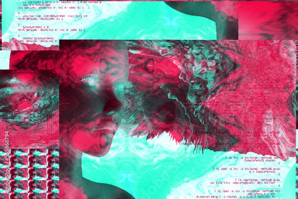 Obraz 3d portrait of a man with glitch effect. Cyberpunk style. Conceptual image of artificial intelligence.Virtual reality. Deep Learning and Face recognition systems.