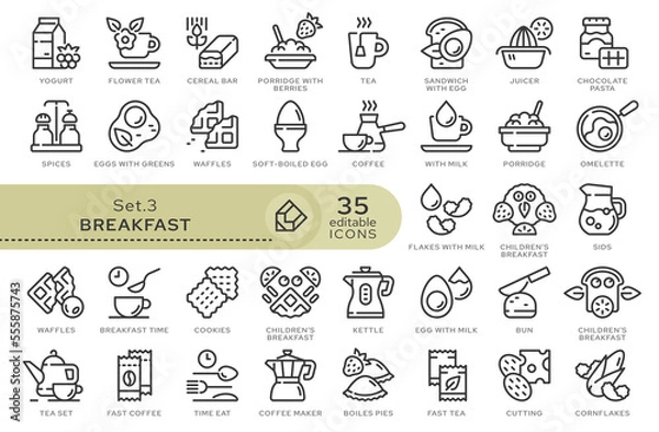 Fototapeta Set of conceptual icons. Vector icons in flat linear style for web sites, applications and other graphic resources. Set from the series - Breakfast. Editable outline icon.	
