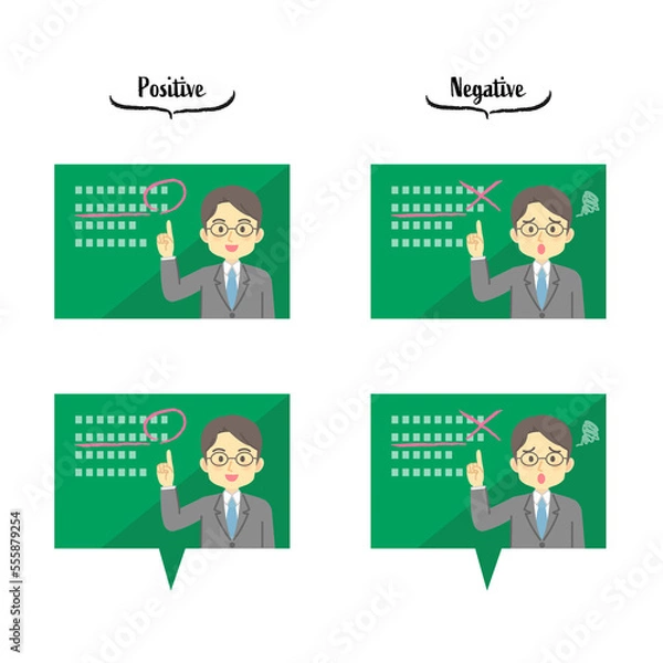 Fototapeta イラスト素材:オンライン授業をする男性教師の吹き出しや画面のセット（ポジティブ/ネガティブ）（透過背景）
