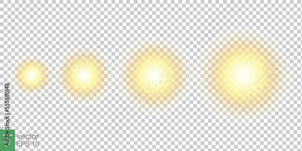 Fototapeta Light sun glow. Vector realistic sun on transparent background. Glare, burst, yellow sunlight template for decoration, summer concept. EPS 10.