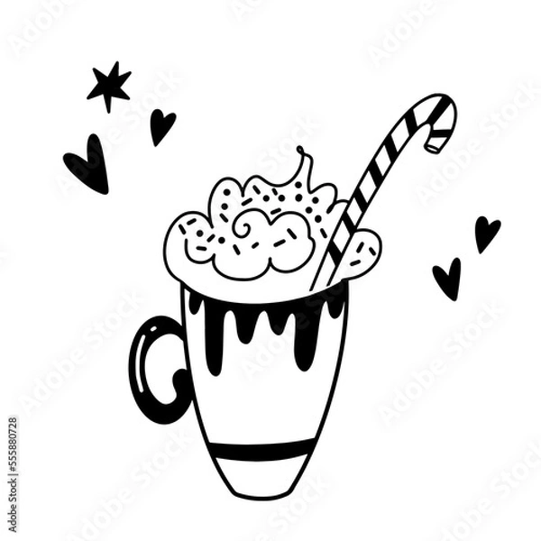 Fototapeta Cup of hot cocoa with marshmallows and candy cane in doodle style. Vector hand-drawn line illustration.