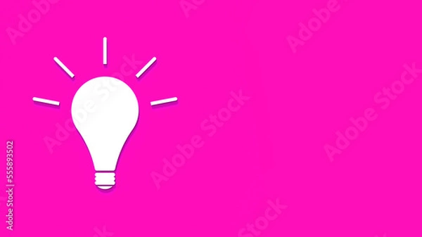 Fototapeta White glowing light bulb with shadow on pink background. Illustration of symbol of idea. Horizontal image. 3D image. 3D rendering.
