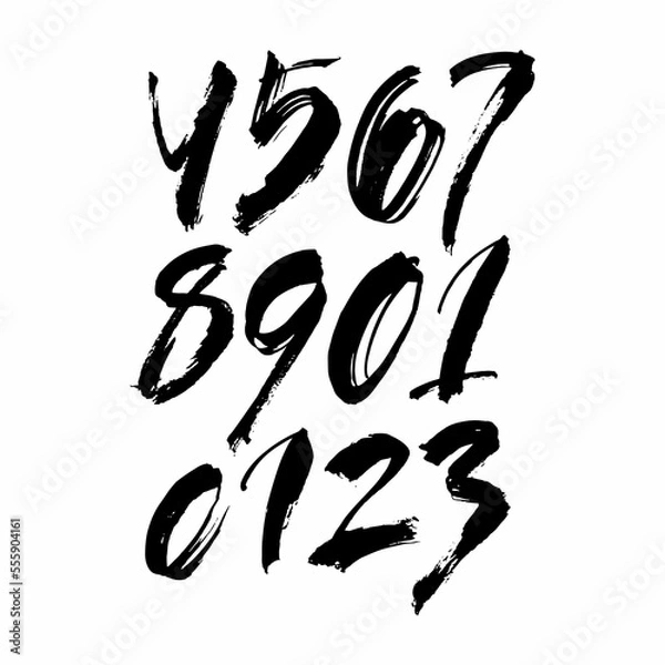 Fototapeta set of calligraphic acrylic or ink numbers. ABC for your design, brush lettering on a white background