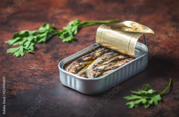 Fototapeta Canned sardines with olive oil open on a dark brown table with parsley. Ready for eat. 