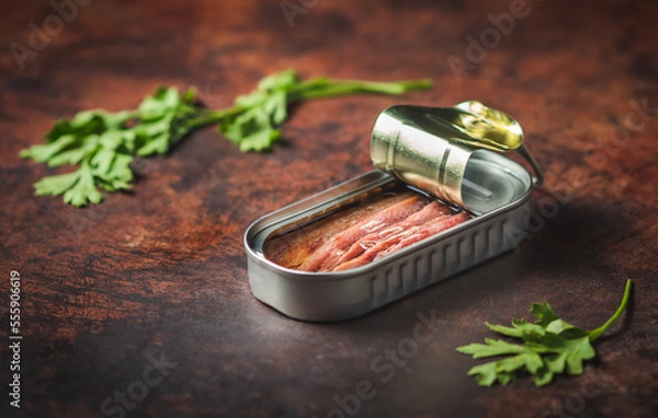 Fototapeta Canned anchovies open on a dark brown table with parsley. Ready for eat. 