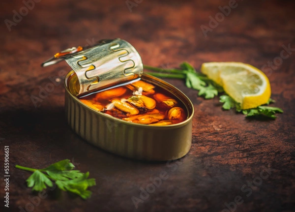 Fototapeta Canned pickled mussels open on a dark brown table with parsley. Ready for eat. 