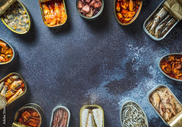 Fototapeta Preserve cans with different products, fish and seafood, natural or pickled, open on a dark table. Ready to eat.