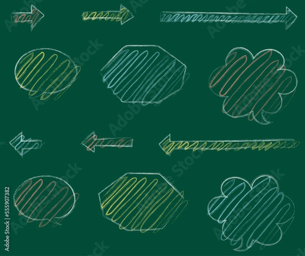 Obraz チョークで手描きしたような矢印と吹き出しのセット（白のアウトラインに落書き風のカラフルな塗り）