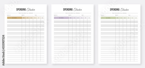 Fototapeta Weekly Spending Tracker. Weekly Bill Tracker. Minimalist Financial Planner. Set of vector. Eps10 vector. Modern Planner Template Set. Planner Bundle Set. 