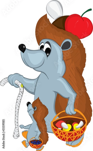 Obraz Два ежика собирают грибы и ягоды