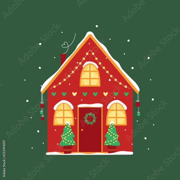 Obraz Christmas house decorated with a garland, a wreath and balls with Christmas trees under a snowfall on a green background. New year, xmas celebration. Vector flat illustration for greeting card, poster