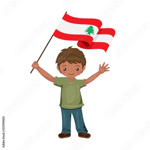 Fototapeta Boy with the flag of Lebanon, a beautiful little child holds the flag of Lebanon in his hand in flat style. vector illustration
