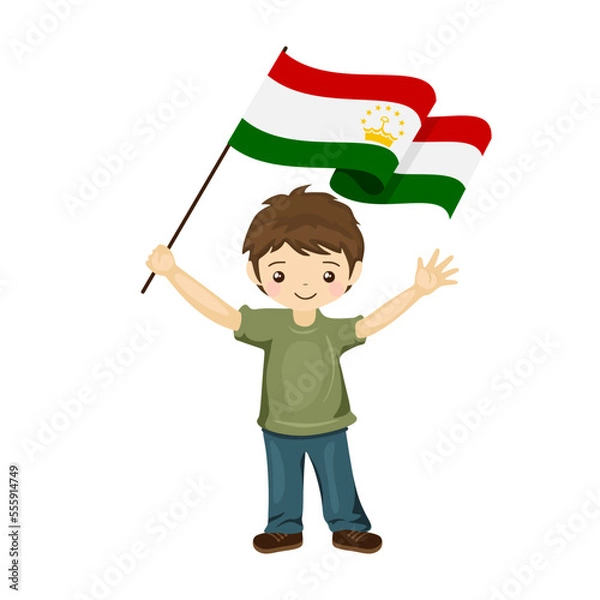 Fototapeta Boy with the flag of Tajikistan, a beautiful little child holds the flag of Tajikistan in his hand in flat style. vector illustration