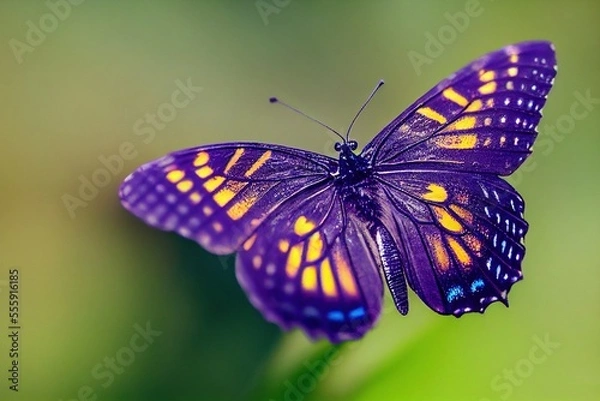 Fototapeta flying colourful spring butterfly with green background, generative ai