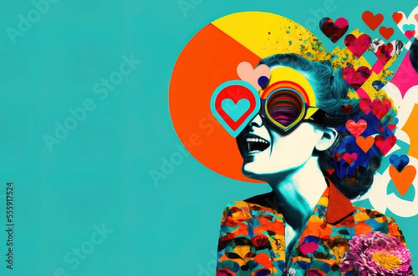 Fototapeta A fusion of contemporary art and old-fashioned style.Pop art backgrounds, colorful, bright neon colors, collage of girl portrait and different elements and symbols. Illustration. Generative AI.