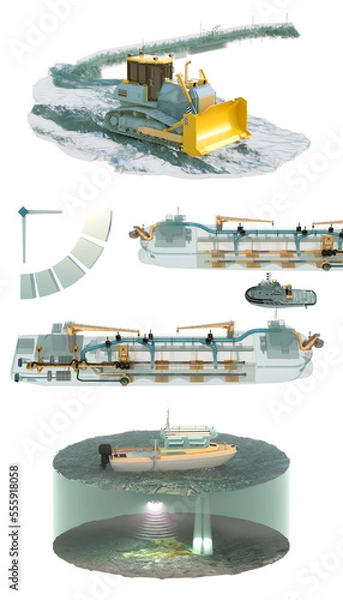 Fototapeta A set of images isolated on white. Shore protection, dredger leasing and bathymetry. 3d rendering