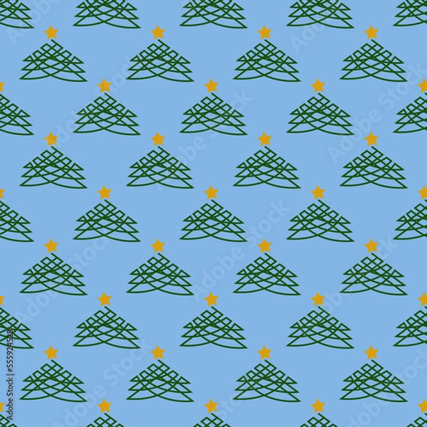 Fototapeta Seamless geometric pattern with green Christmas tree and golden star on blue background. New Year patter. Vector print for fabric background