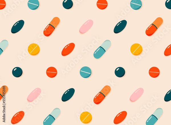 Fototapeta Colorful pills, drugs, vitamins seamless pattern. Healthcare, coronavirus and medicine concept. Hand-drawn modern vector illustration for web banner, card design. 