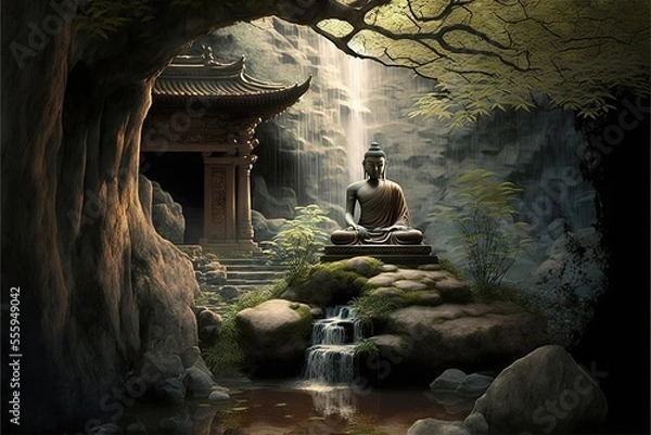 Fototapeta  a buddha statue sitting on a rock in a forest next to a waterfall and a waterfall with a waterfall cascading down the side of it. Generative AI