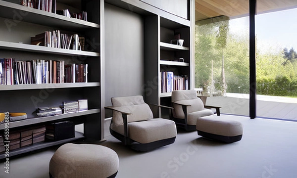 Fototapeta living room with a view of nature and some books generated by AI