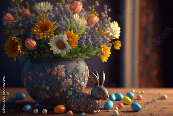 Obraz Easter flowers painted eggs and bunny