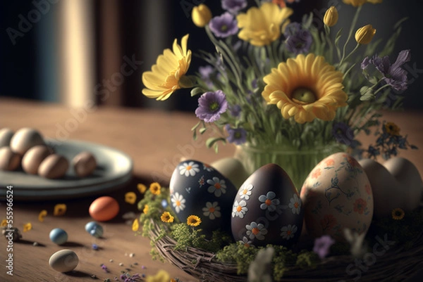 Obraz Painted easter eggs on flowers 