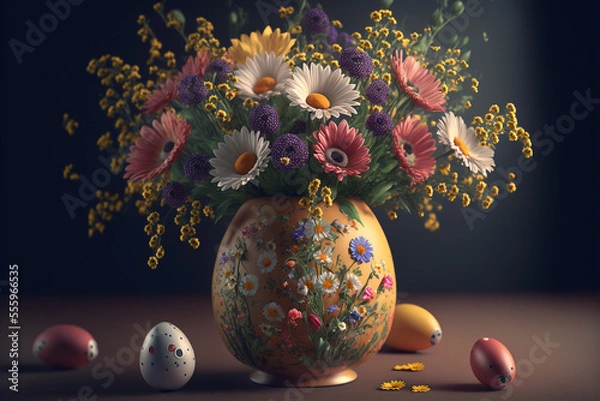 Fototapeta Easter eggs and spring flower pot