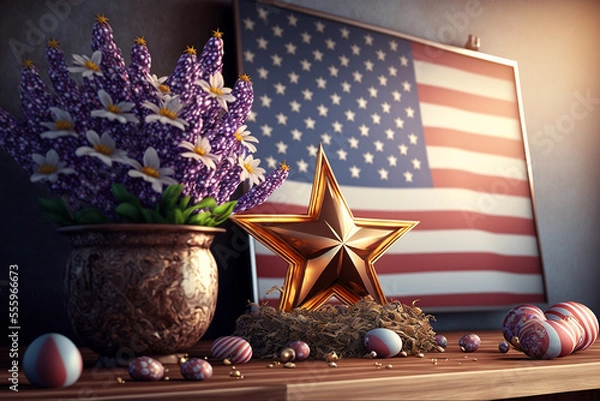 Fototapeta Easter decoration on a table with american flag in the background