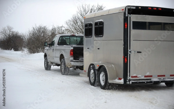 Obraz truck towing horse trailer in winter driving conditions hauling horse trailer in winter snowy slippery roads dangerous and hazardous conditions during snow storm on wet snowy roads horizontal format 