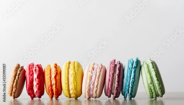 Fototapeta Rainbow colored macarons arranged in row on white surface pastel French cookies dessert