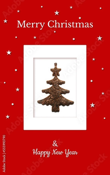 Obraz The collection of Christmas cards of a golden Christmas tree on a red and white background. There are also white stars, snowflakes and Christmas inscriptions. JPG files at 300 dpi, high resolution.