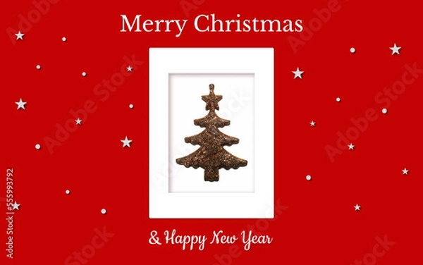 Obraz The collection of Christmas cards of a golden Christmas tree on a red and white background. There are also white stars, snowflakes and Christmas inscriptions. JPG files at 300 dpi, high resolution.