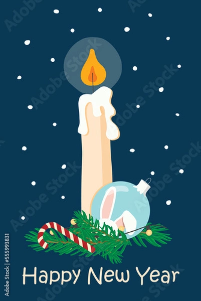 Fototapeta Vector hand drawn cartoon illustration of a burning candle and happy new year 2023 of a rabbit greeting