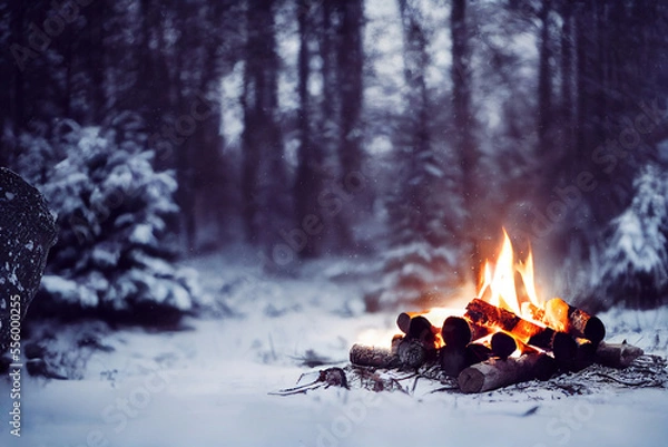 Fototapeta Campfire in the winter forest. Beautiful landscape of nature and trees. Sparks and flames. Rest by the fire. Camping in the woods. Burning firewood. Evening bonfire. Rain and snow in the forest.  