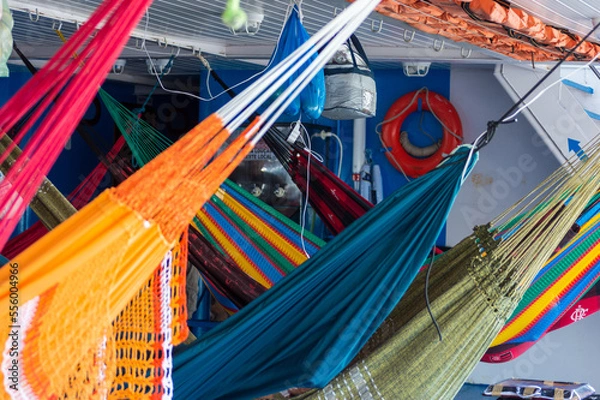 Obraz Hammocks hanged on the cruise on the Rio Amazons on the way to Belem from Manaus in Brazil