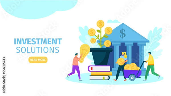 Fototapeta Business investment solution, vector illustration. Man woman character in huge money tree, growth idea success concept. Corporate dollar plant