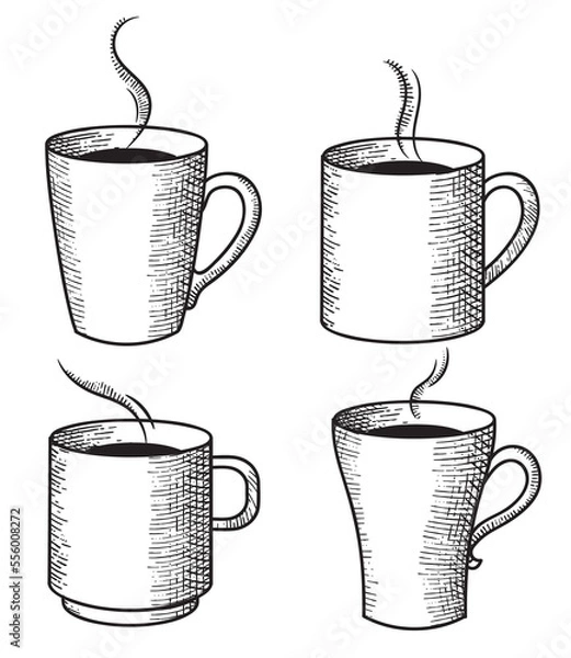Obraz Set of illustration of coffee and cups. Cup of coffee, latte, cappuccino and tea drawn in vintage style. Hand drawn engraving style. Cups isolated on transparent background, PNG