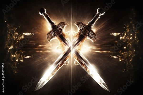 Fototapeta Shining and Metallic Iron Swords With Golden Hilt, as a Classical and Medieval Hand Weapon