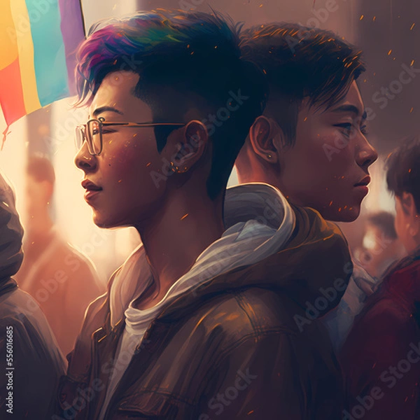 Fototapeta Stylized Digital Painting of an Asian Couple at a Pride Event in the Rain, Supporting the LGBTQ+ Community with Rainbow Flags (AI, not real people)