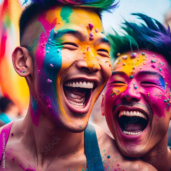 Fototapeta Stylized Digital Painting of an Asian Couple at a Pride Event Supporting the LGBTQ+ Community with Rainbow Flags (AI, Not Real Models)
