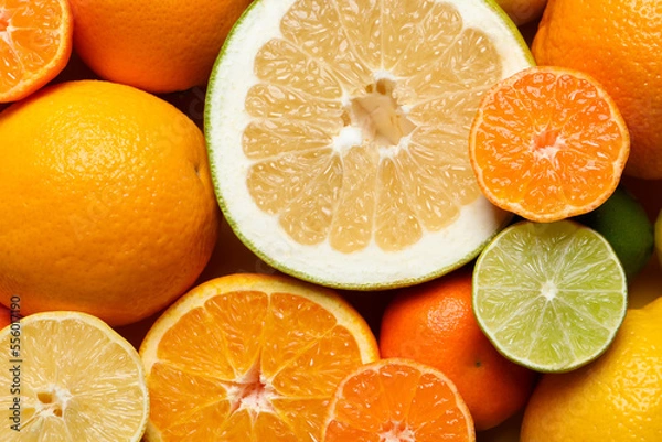 Fototapeta Different ripe citrus fruits as background, top view