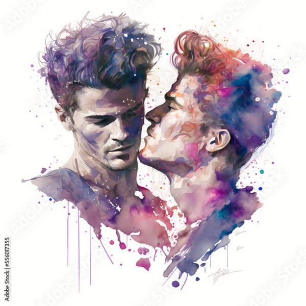 Fototapeta Colorful Vibrant Watercolor Painting of a Joyful and Attractive Young Caucasian White Gay Couple in their 20s in Love, on a Solid White Background (AI, Not Real Models)