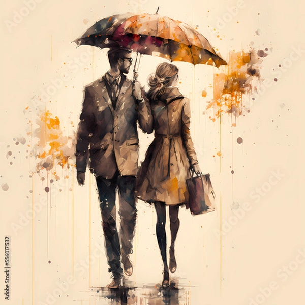 Fototapeta Vibrant Watercolor Painting of a Young Heterosexual Couple in the Rain Holding an Umbrella (AI)