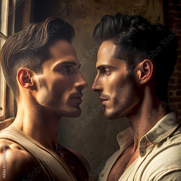 Fototapeta Attractive Young Gay Couple in their 20s - Holding Each Other Showing Love (AI, Not Real Models)